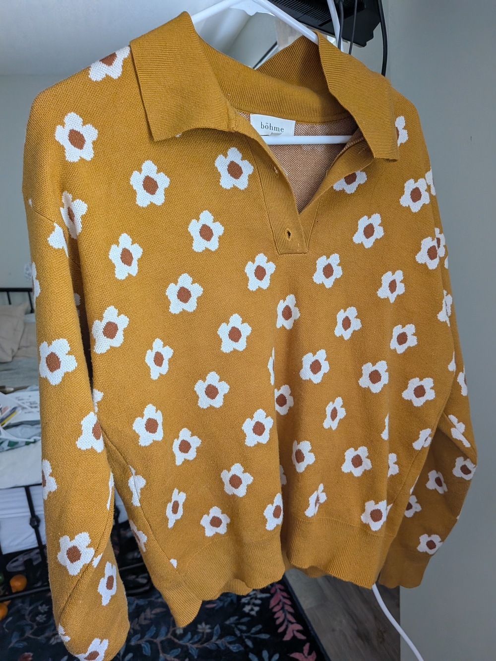 bohme Mustard Floral Polo V-Neck Sweater
